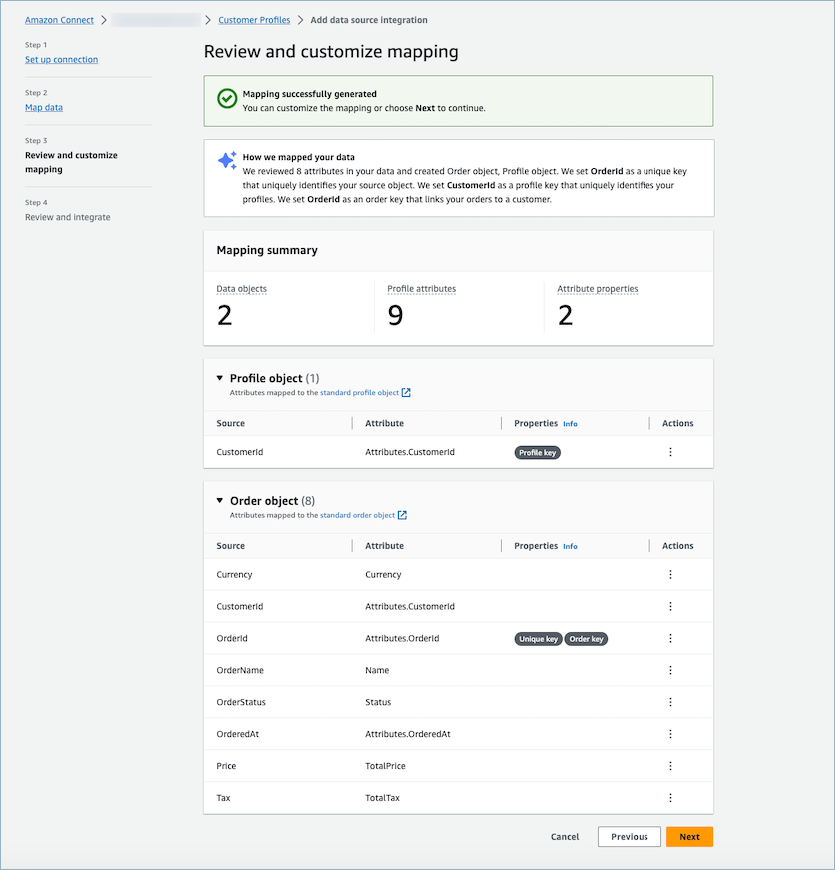 Passez en revue le résumé du mappage. Passez en revue le résumé des résultats du mappage généré automatiquement, qui montre tous les attributs du client. Apportez des modifications aux clés d’ingestion et confirmez-les avant de commencer l’ingestion des données.