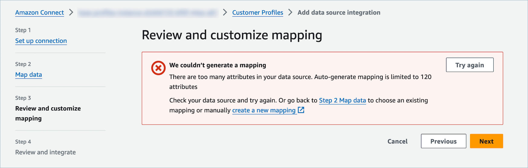 Jusqu'à 120 attributs sont autorisés dans un JSON objet, y compris les JSON attributs imbriqués. Supprimez de l'JSONobjet certains attributs qui n'ont pas besoin d'être mappés.