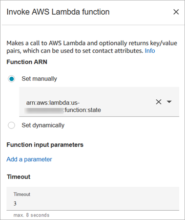 La page des propriétés du bloc de AWS Lambda fonction Invoke.