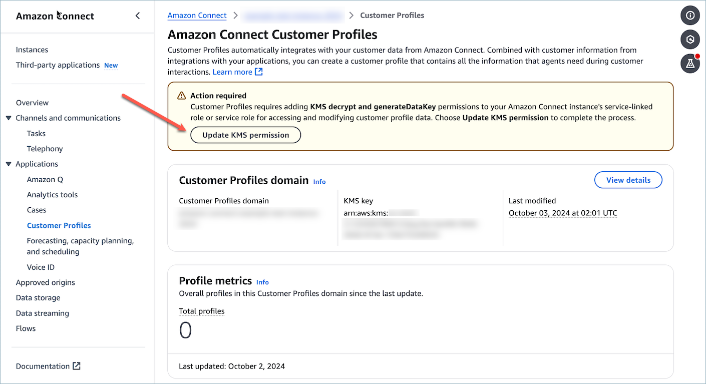 Cliquez sur le bouton Mettre à jour les autorisations KMS pour accorder des autorisations KMS pour le rôle lié au service de votre instance Amazon Connect.