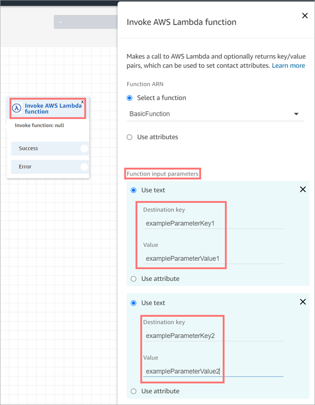 Les paramètres d'entrée de la fonction dans le bloc fonctionnel Invoke AWS Lambda.