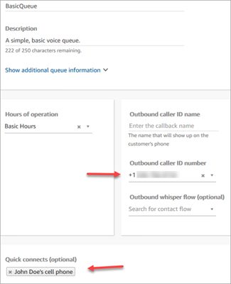 La page Modifier la file d'attente, la connexion rapide au numéro de téléphone portable de John Doe.