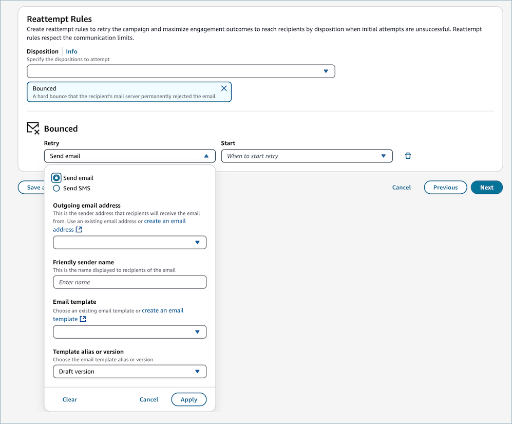 Reattempt rules interface for configuring email retry settings after a bounce.