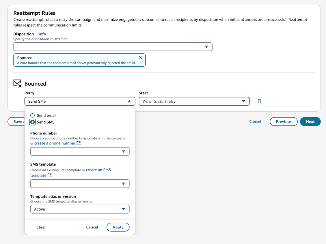 Reattempt rules interface for configuring retry options when emails bounce, with SMS as retry method.