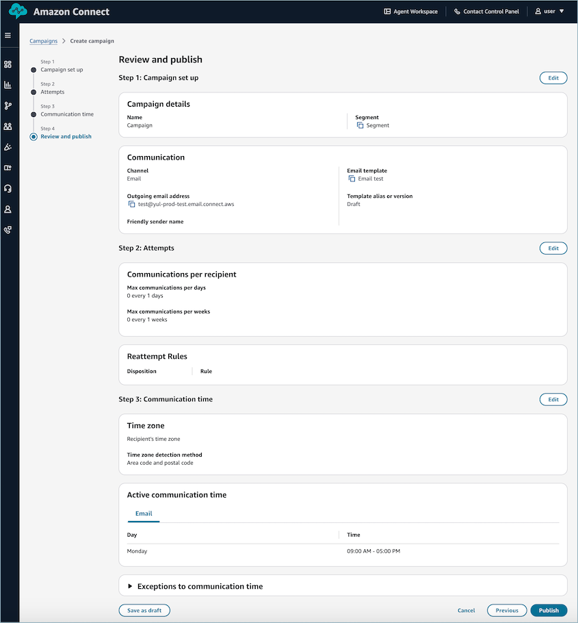 Review and publish page for Amazon Connect campaign setup with configuration details.