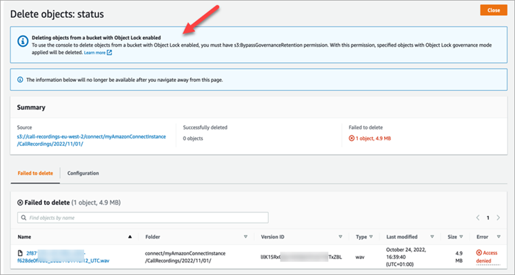 La console Amazon S3, Notification de statut de suppression d'objets.