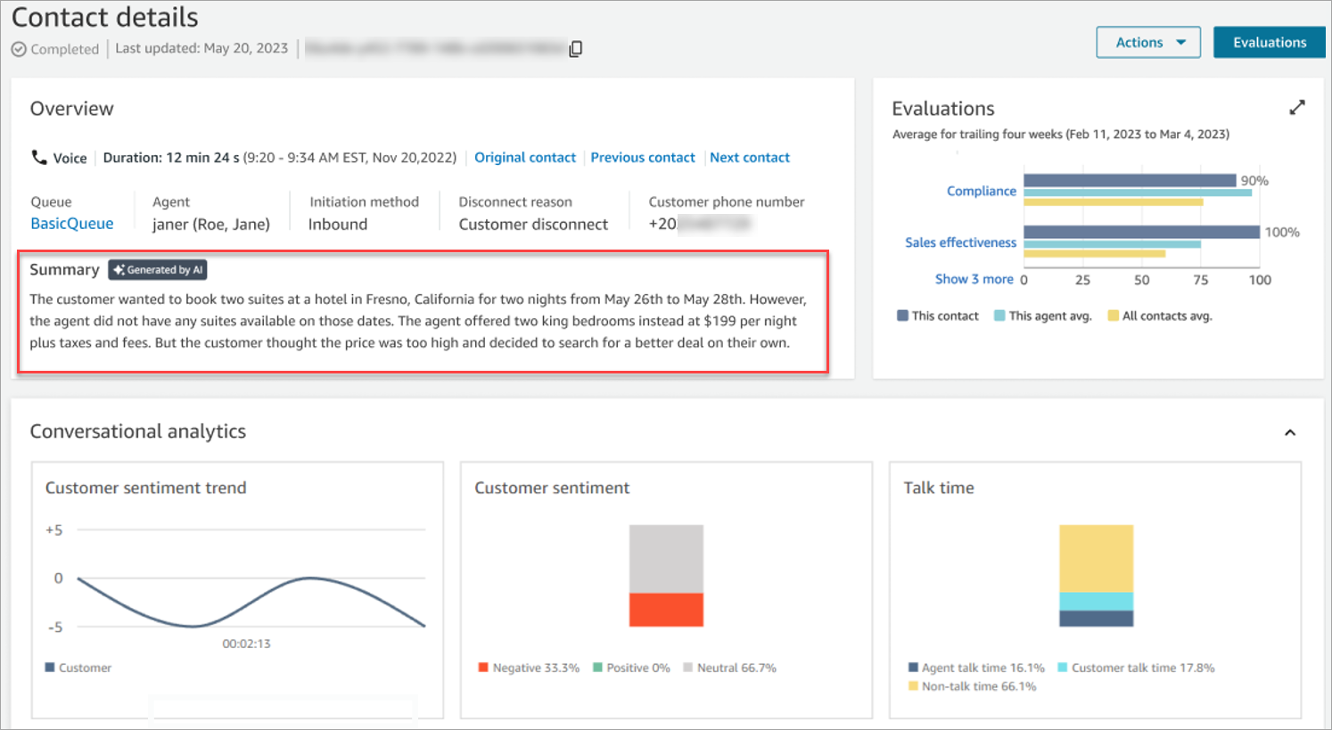 Page Détails de contact avec analytique conversationnelle d’un chat en temps réel