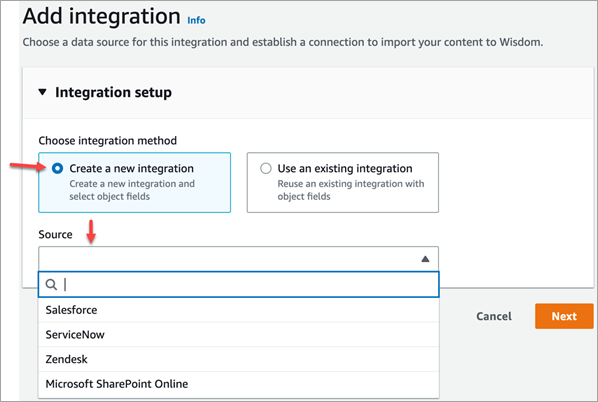 La page Ajouter une intégration, l'option Créer une nouvelle intégration, la liste déroulante Source.