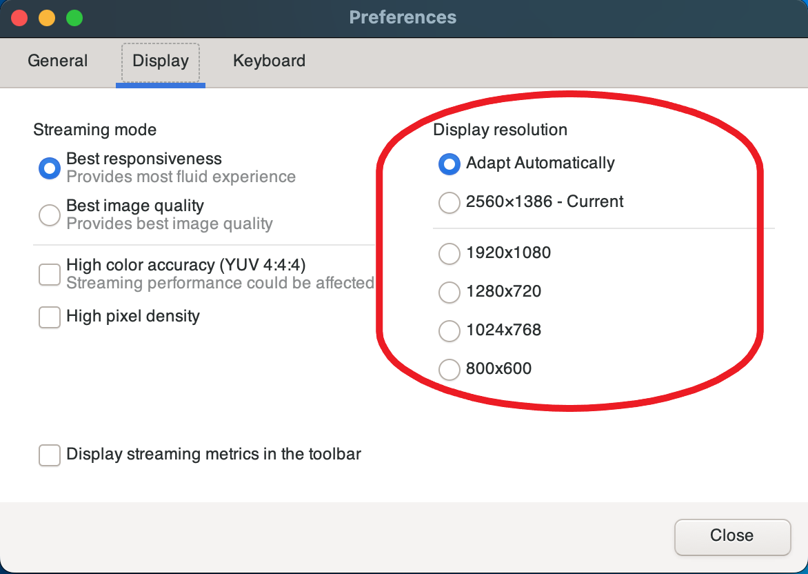 Display resolution options with "Adapt Automatically" selected and various resolution choices.