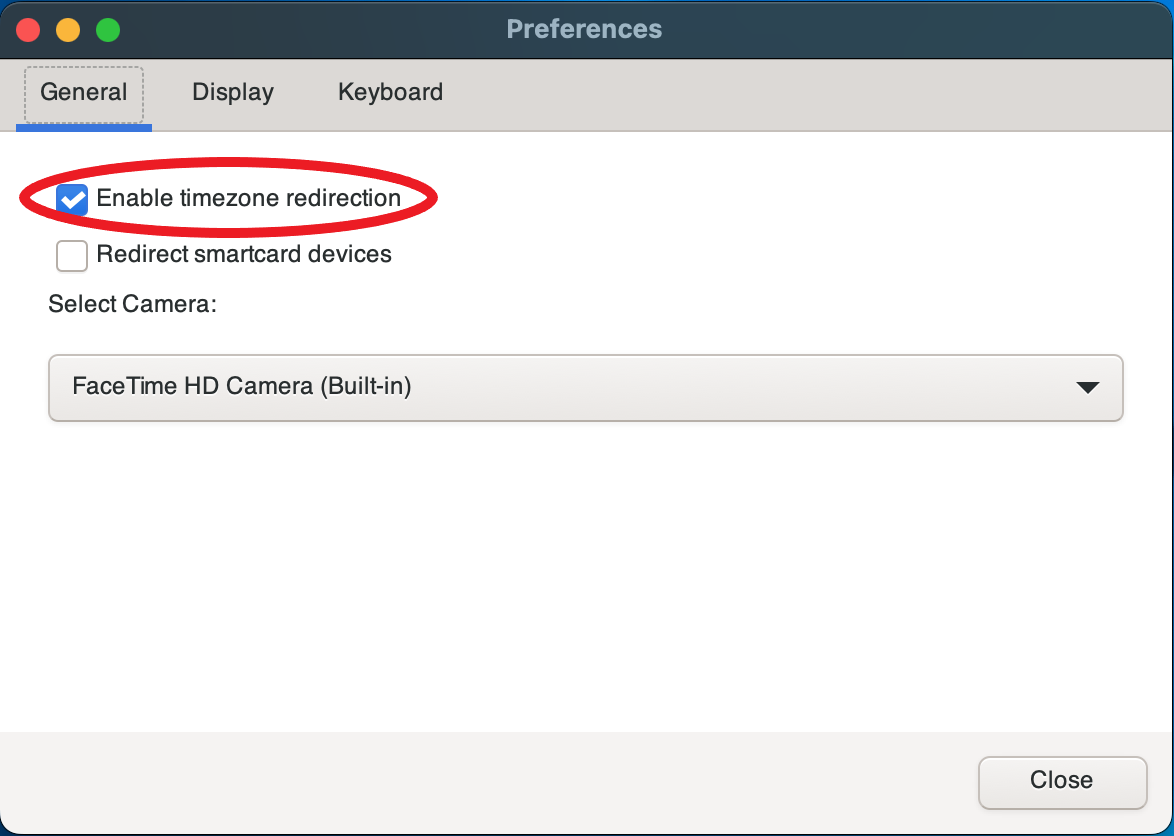 Preferences window with "Enable timezone redirection" checkbox selected in General tab.