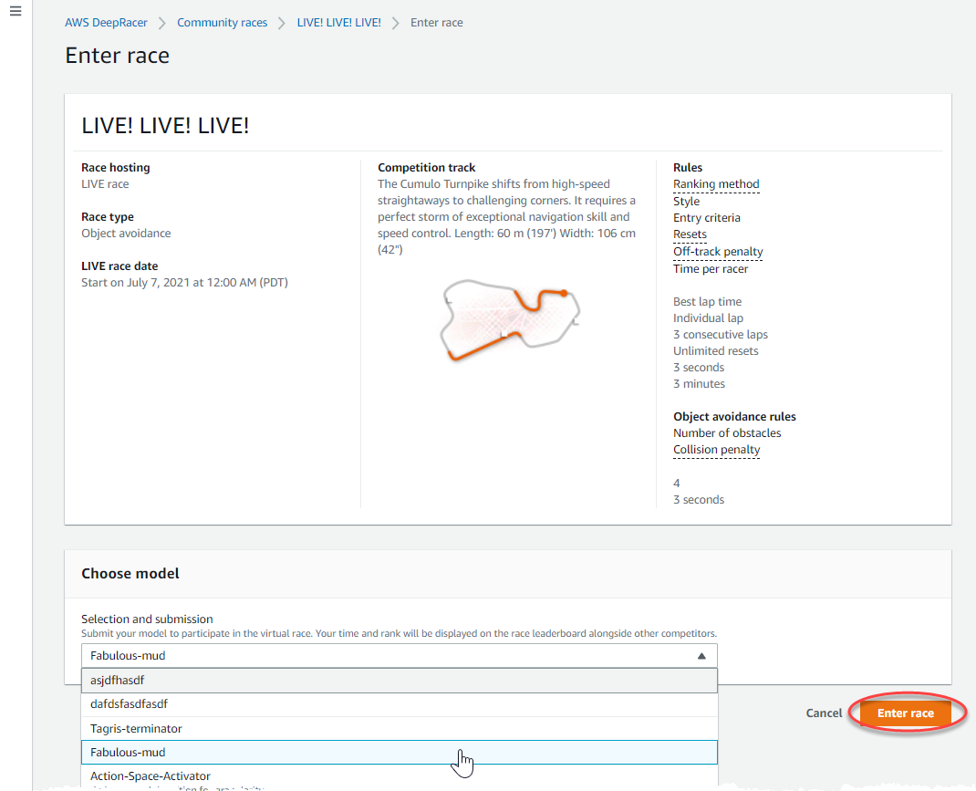 Image : Soumettez un modèle à une course DeepRacer communautaire AWS depuis la console.