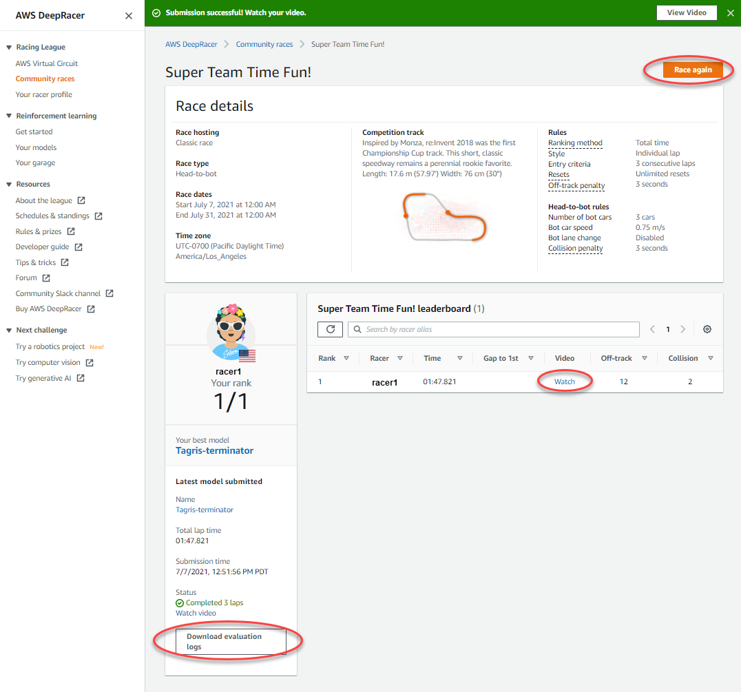 Image : Soumettez un modèle à une course DeepRacer communautaire AWS depuis la console.