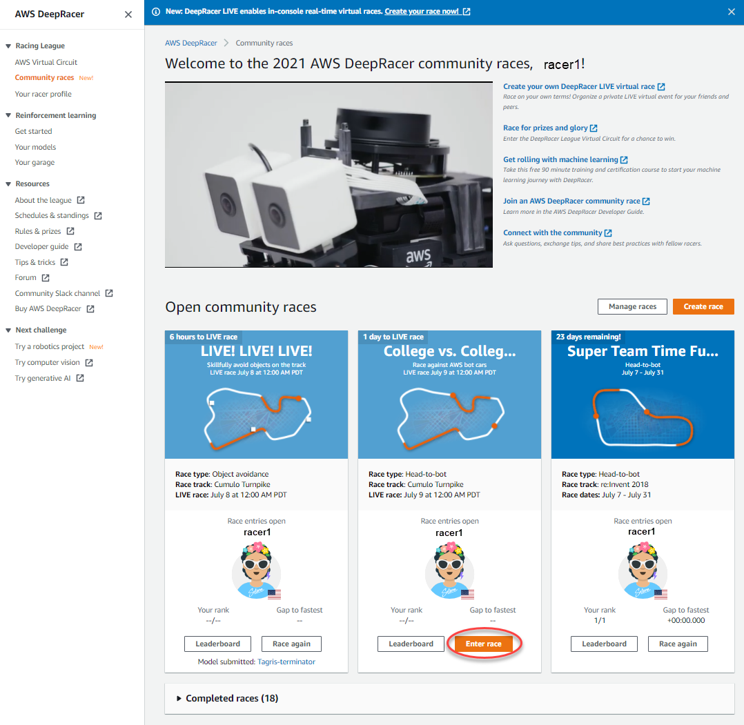 Image : Participez à une course DeepRacer communautaire AWS depuis la console.