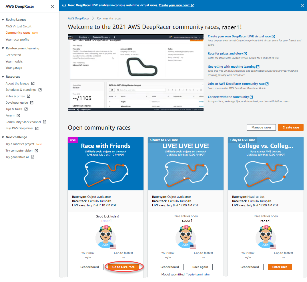 Trouvez votre carte de course et sélectionnez Accéder à la course en direct.