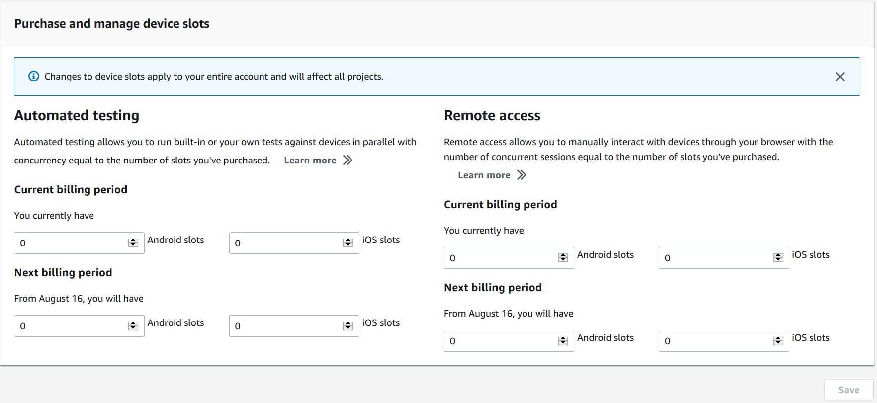 Page d'achat et de gestion des emplacements pour appareils sur la console Device Farm