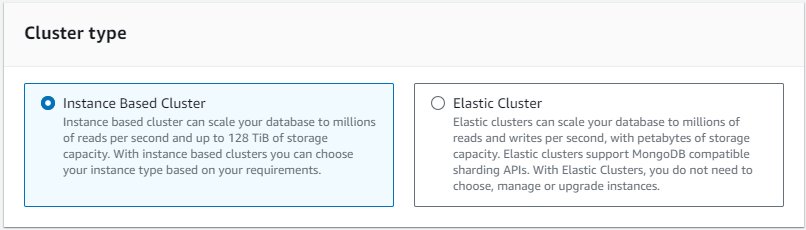 Interface de type cluster avec l'option Instance Based Cluster sélectionnée.