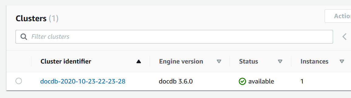 Capture d'écran de la page des clusters avec un exemple de cluster montrant le statut actif.