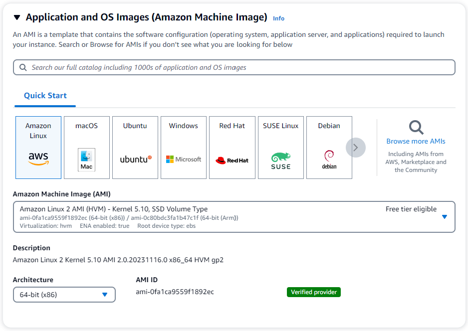 L'interface des images de l'application et du système d'exploitation avec l'option AMI Amazon Linux 2 sélectionnée dans la section Démarrage rapide.