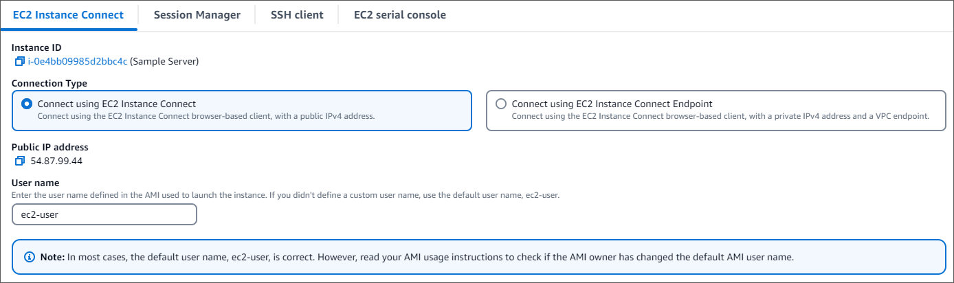 Interface affichant les options de configuration pour la méthode de connexion EC2 Instance Connect.