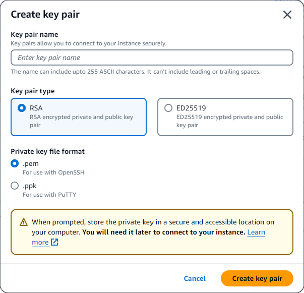 L'interface de création d'une paire de clés avec des champs pour le nom, le type et le format de fichier de la paire de clés. Le bouton Créer une paire de clés se trouve dans le coin inférieur droit.