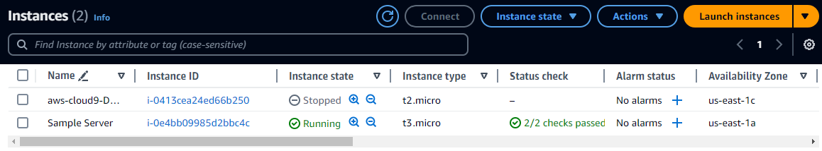 EC2 console showing two instances, one stopped and one running, with details like ID and type.