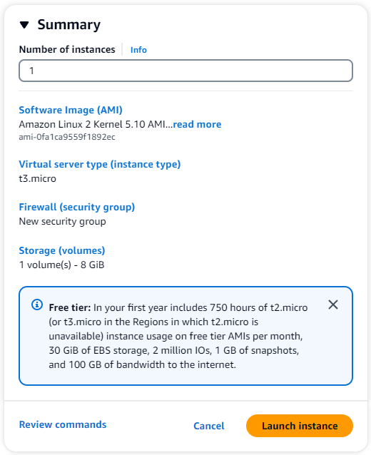 Section récapitulative présentant la EC2 configuration. Les commandes de révision, les options d'annulation et de lancement de l'instance se trouvent en bas.