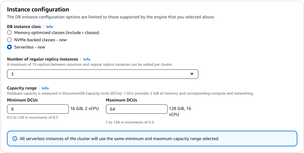 Formulaire de configuration pour un cluster de base de données sans serveur avec des champs pour la classe d'instance, les instances de réplication et la plage de capacité.