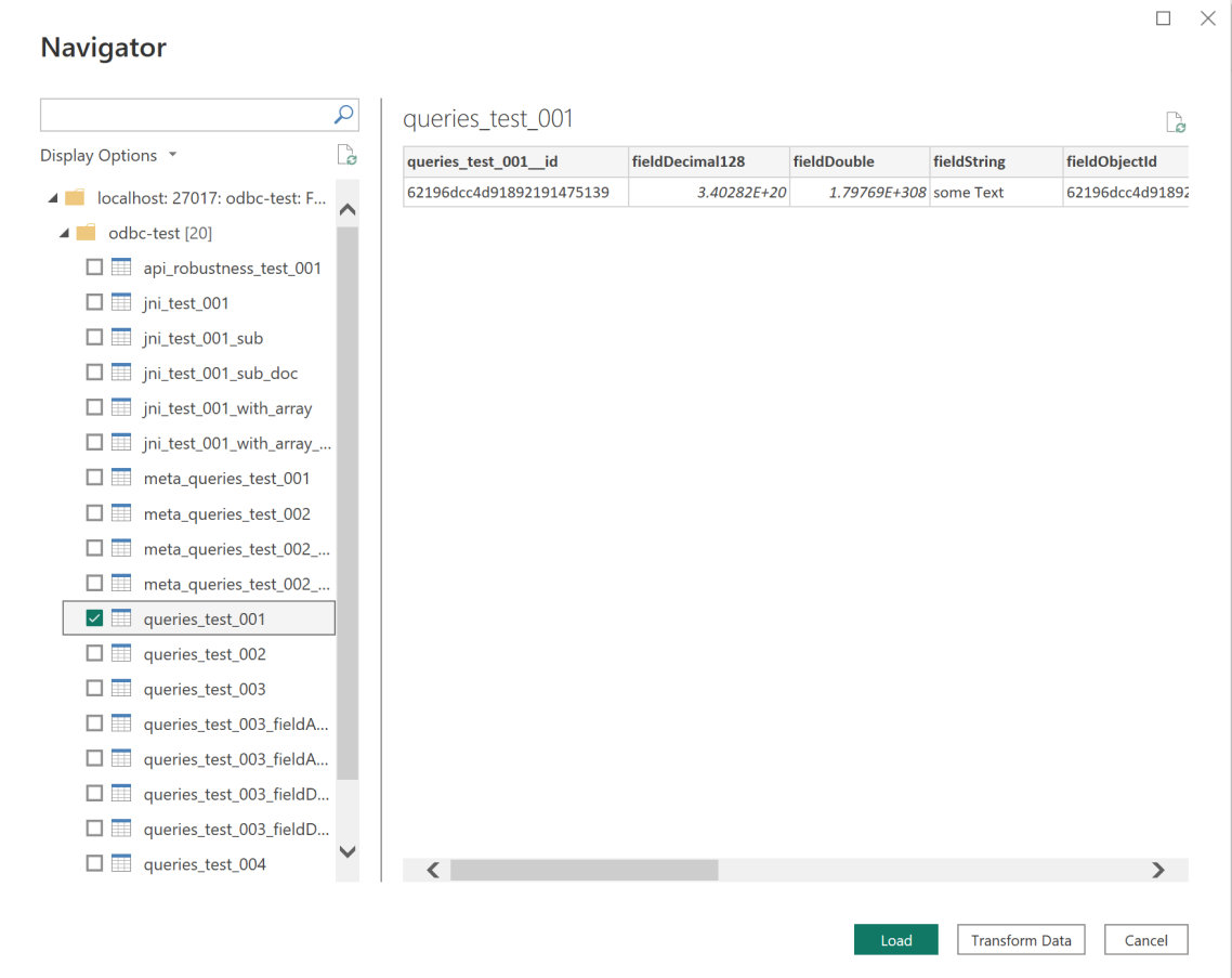 Interface de navigateur affichant la liste des tables de base de données parmi lesquelles choisir. Les boutons Charger et Transformer les données se trouvent en bas à droite.