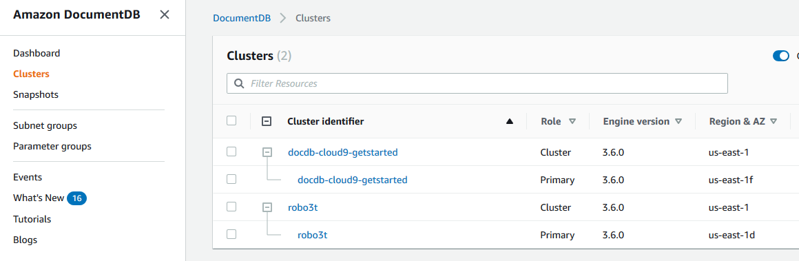 Liste des clusters et des instances sur la page Clusters de la console Amazon DocumentDB.