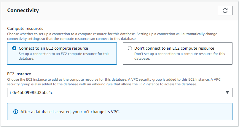 Interface de connectivité avec l'option Connect to an EC2 computing resource sélectionnée.