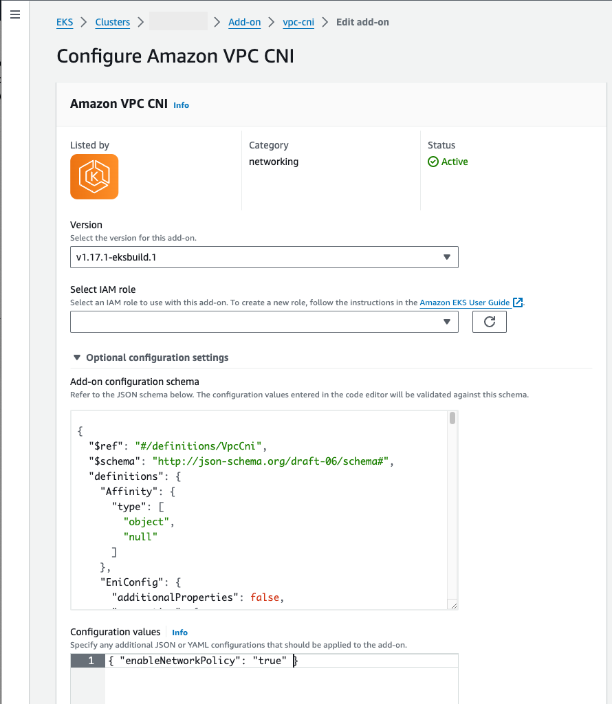 <shared id="consolelong"/>montrant le VPC CNI module complémentaire avec la politique réseau dans la configuration optionnelle.