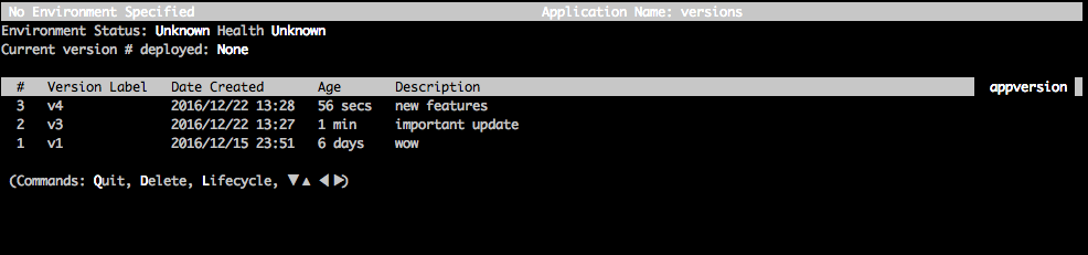 Application window showing version history with three entries and no current deployment.