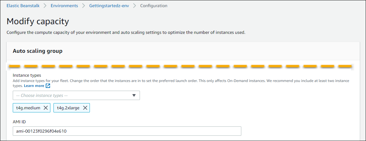 Paramètres de l'EC2instance Amazon sur la fenêtre de configuration de la capacité d'Elastic Beanstalk pour créer un environnement