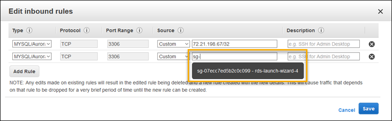 Image d'écran permettant de modifier les règles de trafic entrant pour un groupe de sécurité dans la EC2 console Amazon.