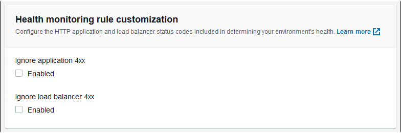 Section de personnalisation de la règle de surveillance de l'état sur la page de configuration de la surveillance de la console Elastic Beanstalk