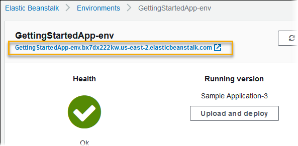 URL d'environnement avec CNAME affichée sur la page de présentation de l'environnement dans la console Elastic Beanstalk