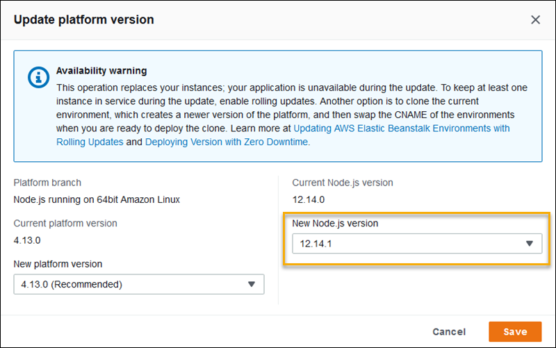 Confirmation de la mise à jour de la version de la plateforme Elastic Beanstalk