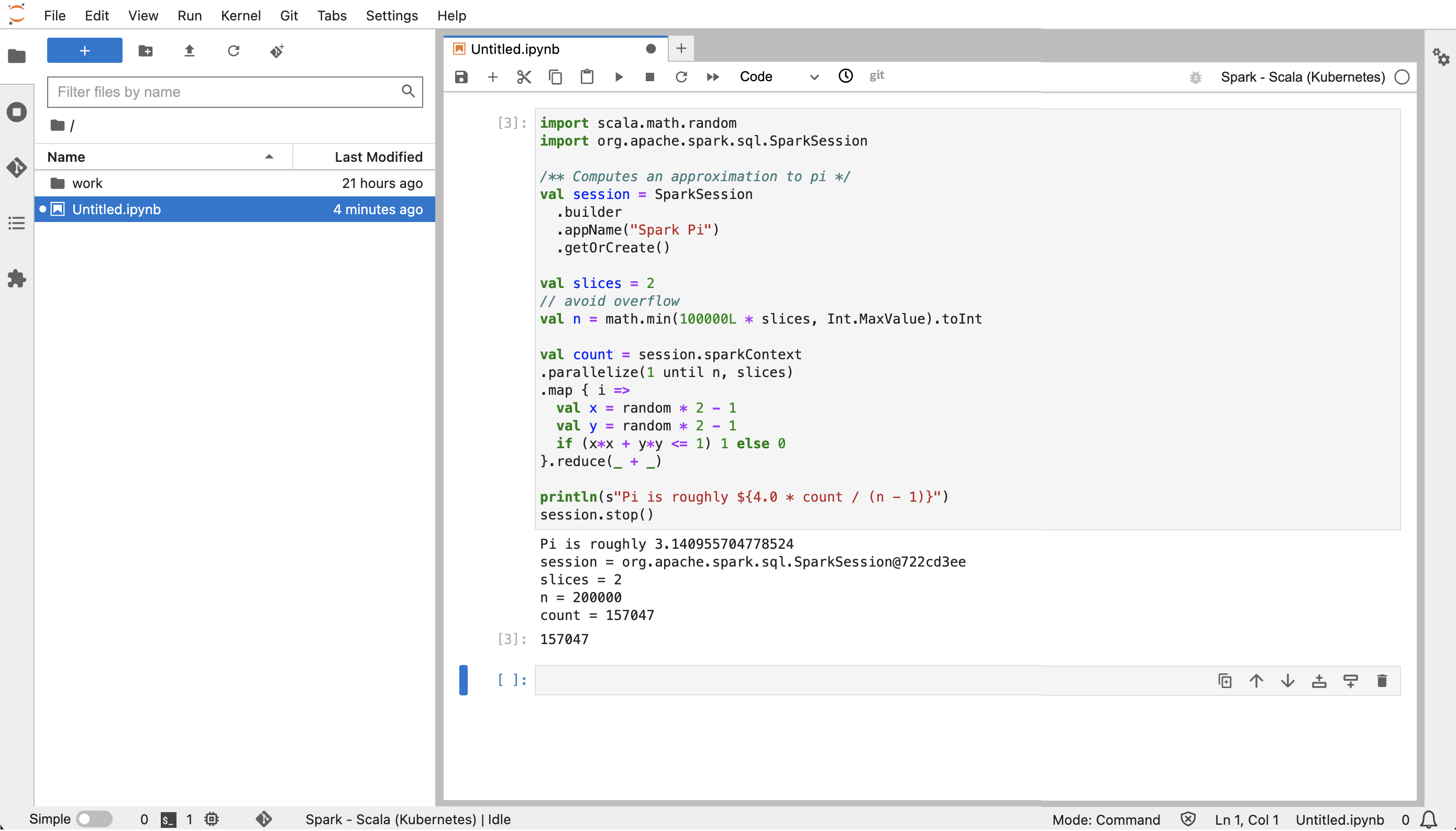 Capture d'écran d'un exemple de code de bloc-notes Scala dans. JupyterLab