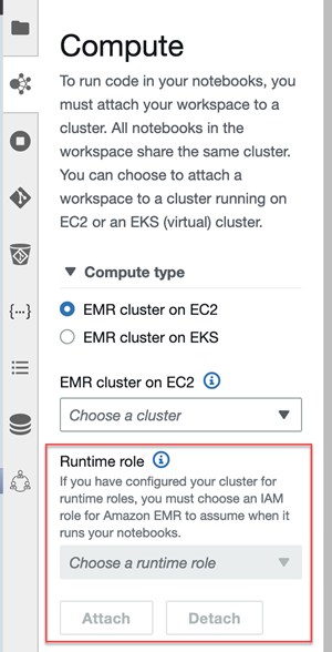 L'interface utilisateur de EMR Studio Workspace, basée sur l' JupyterLabinterface, avec des onglets désignés par des icônes dans la barre latérale gauche.