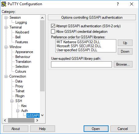 PuTTY Configuration window showing GSSAPI authentication options and library preferences.