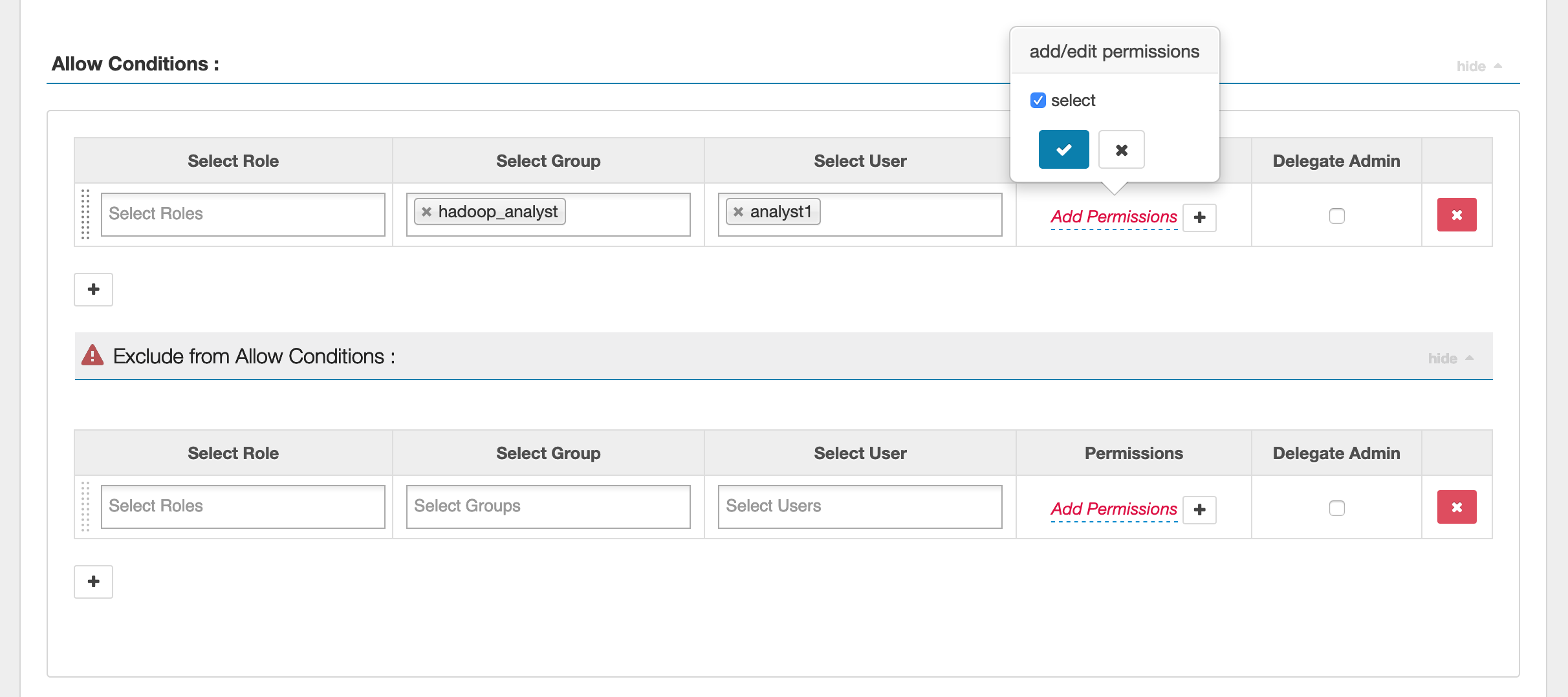 Les détails de la SQL politique de Ranger Admin Spark autorisent les conditions.