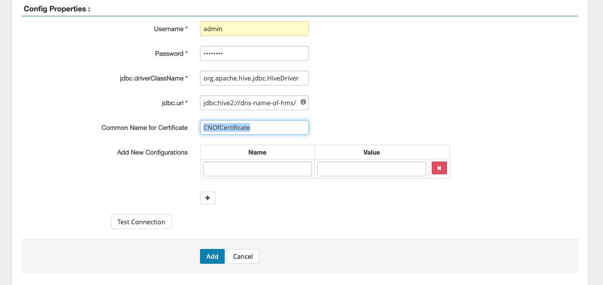 Propriétés de configuration du service Apache Hive.