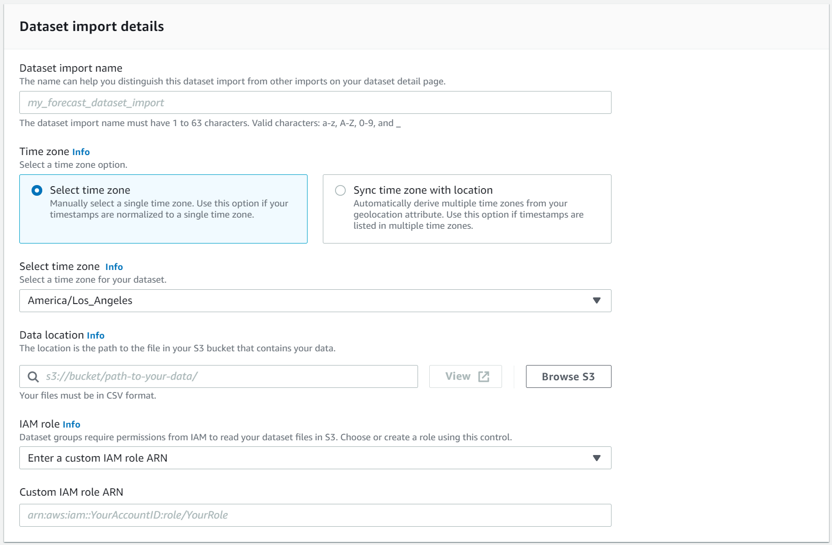 Dataset import form with fields for name, time zone, data location, and IAM role.