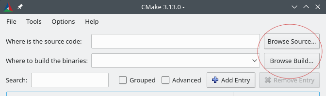 Fenêtre CMake avec des champs de saisie pour l'emplacement du code source et l'emplacement des binaires de compilation, ainsi que des options pour parcourir les sources, parcourir le répertoire de construction, rechercher, ajouter ou supprimer des entrées et afficher les options groupées ou avancées.