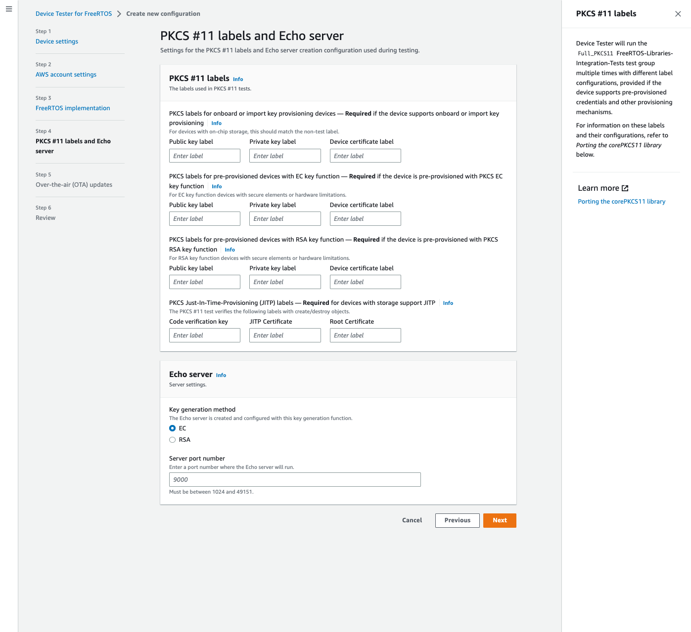 Étiquettes PKCS #11 et configurations du serveur Echo avec champs de saisie pour les étiquettes clés, la méthode de génération des clés et le numéro de port du serveur