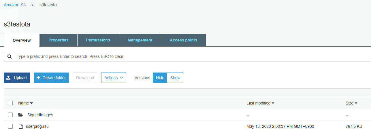 Interface de gestion des compartiments Amazon S3 avec options de dossiers, de téléchargements, de versions et d'autorisations