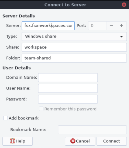 La boîte de dialogue Connect to Server affiche une connexion à un SMB partage.