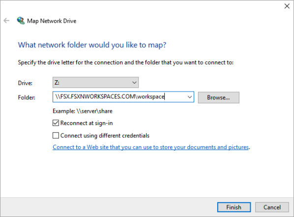 Affiche la boîte de dialogue Windows Map Network Drive permettant de mapper un ONTAP SMB partage à une lettre sur un WorkSpace.