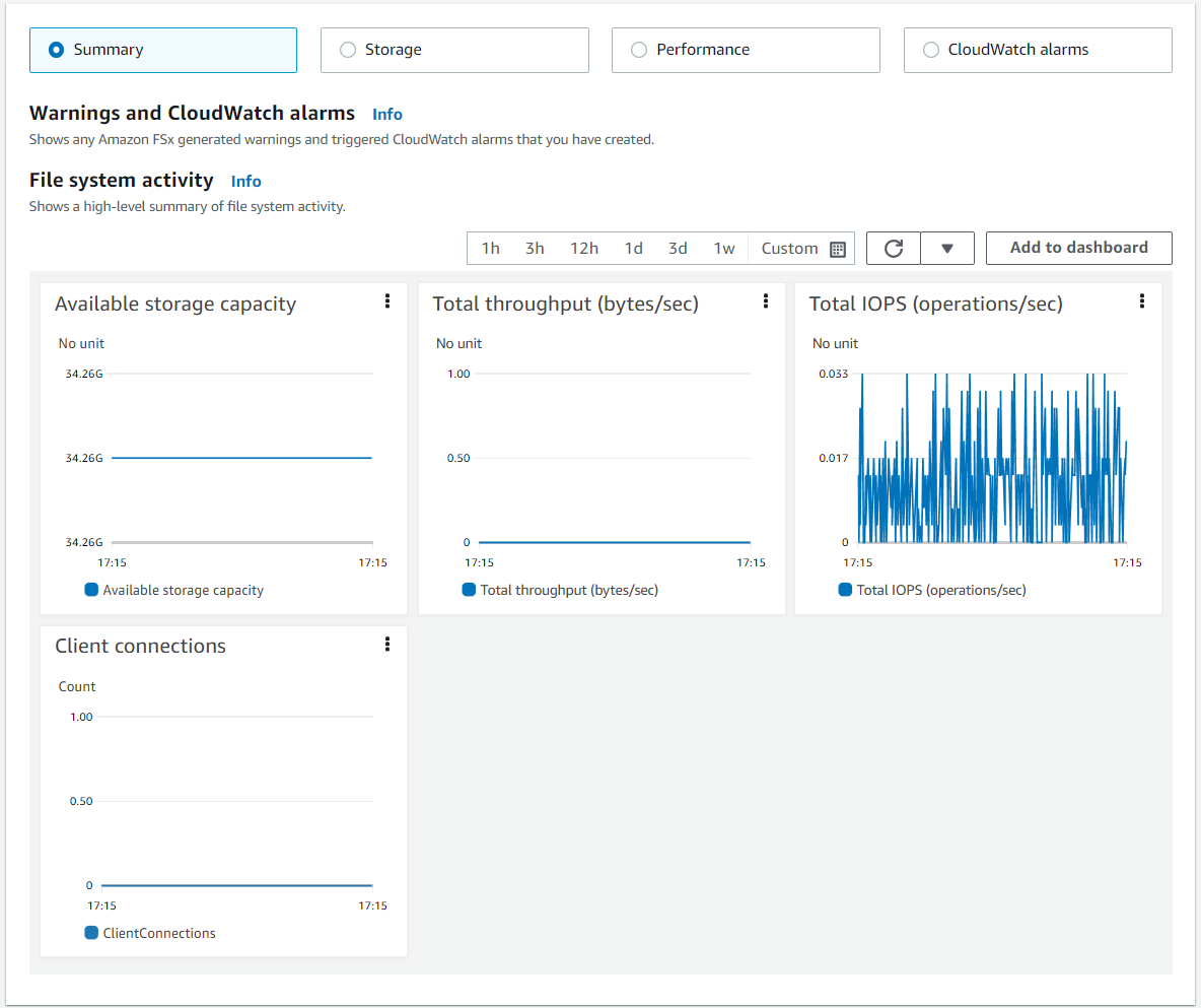 Capture d'écran du panneau Performance et surveillance de la FSx console Amazon.