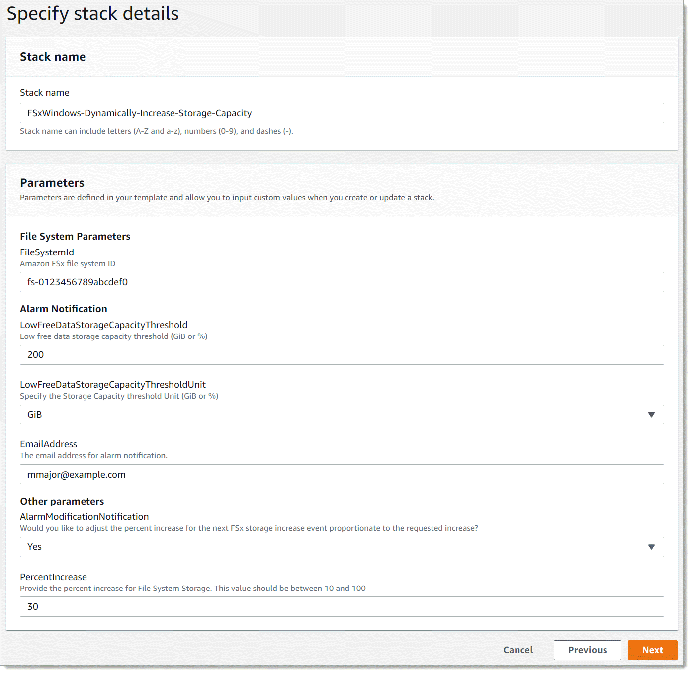 Capture d'écran montrant les valeurs saisies pour la page Spécifier les détails de la pile pour le CloudFormation modèle.